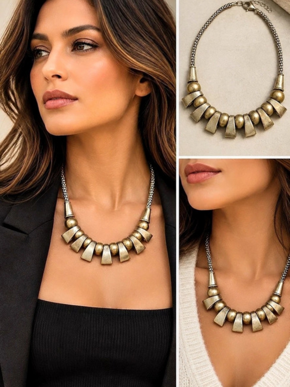 Vintage Geometric Statement Necklace in Brass & Silver